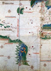 Planisfera Cantino: mapa Alberta Cantino z 1502 roku przedstawiająca linię graniczną wyznaczoną przez traktat z Tordesillas (1494) między Ameryką portugalską a hiszpańską. Biblioteca Estense, Modena