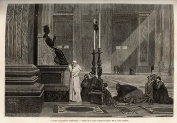 Papież Pius IX (pio 9) (1792-1878) zebrany u stóp figury św. Piotra, przy wejściu do Bazyliki w Watykanie. Grawerunek ilustrujący historię Rzymu, autorstwa Francisa Weya, w latach 1864-1868, opublikowany w „”le tour du monde””, pod redakcją D