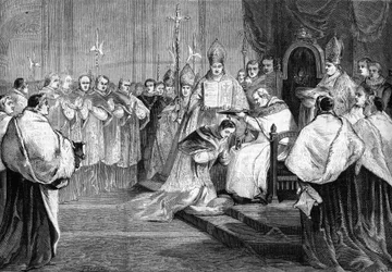 Papież Pius IX przekazuje kapelusz kardynalski księciu Lucienowi Bonaparte w 1868 roku.