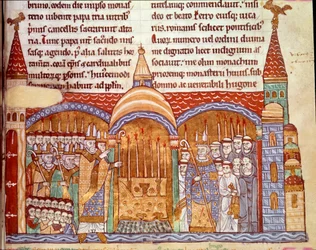 Papież Urban II (1042-1099) przed ołtarzem opactwa w Cluny. Potwierdził opactwo w Cluny w jego przywilejach i posiadłościach, aw 1088 przyznał się opactwu Hughes do używania ozdób biskupich.