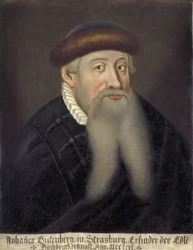 Portret Johannesa Gensfleischa dit Gutenberga (1394/99-1468), niemieckiego drukarza (Portret Johannesa Gutenberga) - peinture anonymous du 17eme siecle - Keio University Library