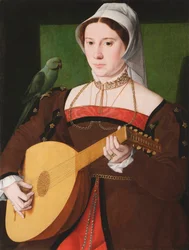 „Portret kobiety grającej na lutni, z papugą na ramieniu” Anonimowy obraz ok. 1540 Olej na drewnie, 70x55 - Fondation Custodia