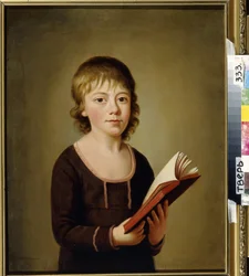 Portret hrabiego Piotra Aleksiejewicza Galitzine (Golicyna) (Portret hrabiego Piotra Aleksiejewicza Golicyna). Młoda nastolatka trzyma otwartą książkę w jego ręce. Malarstwo anonimowe, olej na płótnie, początek XIX wieku. Regionalna Galeria Sztuki, Twer (R