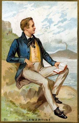 Portret Alfonsa de Lamartine (1790 - 1869) francuskiego poety. XIX-wieczna chromolitografia.