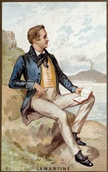 Portret Alfonsa de Lamartine (1790 - 1869) francuskiego poety. XIX-wieczna chromolitografia.