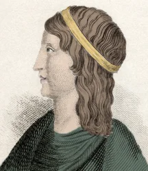 Portret Apuleusza (Lucjusza Apulejusza) (ok. 125-ok. 180), filozofa i pisarza łacińskiego, pochodzenia berberyjskiego (Algieria), autora „Les Metamorphoses” (Złoty Osioł lub Asinus aureus). Rycina XIX wieku.