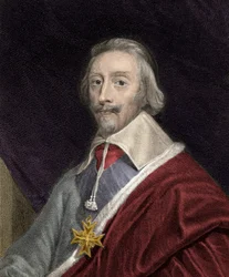 Portret kardynała Richelieu (1585-1642) niosącego krzyż Orderu Ducha Świętego (Ducha Świętego) - Kardynała Armanda Jean Du Plessis i księcia Richelieu (1585-1642) z krzyżem Orderu Ducha Świętego - rycina - 19 wiek