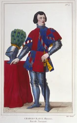 Portret Karola II Złego (1332 - 1387). Król Nawarry - Hiszpania od 1349 do 1387. Grawerowanie od 1830