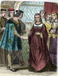 Portret Karola VIII i Anny Bretanii. Grawerowanie XIX wieku - Grawerowanie króla Karola VIII (1470-98) i królowej Anny Bretanii (1477-1514)