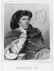 Portret Karola VI Ukochanego lub Fou (1368 - 1422), króla Francji - w „Histoire des Français” Lavallée, rycina, sd.