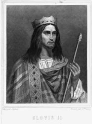 Portret Clovisa II (? - 657), króla Neustrii, Burgundii i Australii - w „Histoire des Français” Lavallée, rycina, sd.