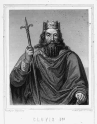 Portret Clovis I (w. 466 - 511), króla Franków - w „Histoire des Français” Lavallée, rycina, sd.