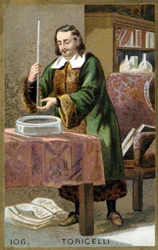 Portret Evangelisty Torricelli lub Toricelli (1608 - 1647), włoskiego fizyka ze swoim wynalazkiem Barometr (rurka rtęciowa). Chromolitografia XIX wieku.