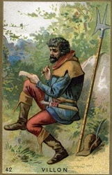 Portret François Villon (ok. 1431 - po 1463), poety francuskiego. Chromolitografia XIX wieku.