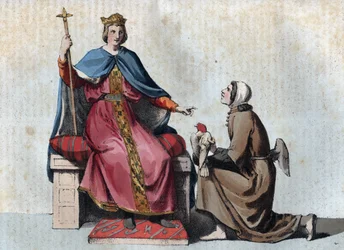 Portret Fryderyka II Hohenstaufów Cesarza Rzymskiego ze swoim sokolnikiem - Portret Fryderyka II Hohenstaufów (1194-1250), króla Świętego Cesarstwa Rzymskiego ze swoim sokolnikiem - rycina z „” Usi e Costumi di Tutti i i Popoli dell