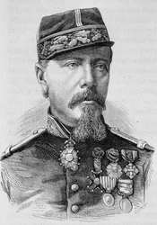 Portret generała Lecomte rozstrzelanego przez powstańców w 1871 r. Rycina z końca XIX wieku w „Histoire de France” H. Martina.