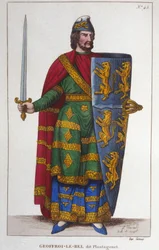 Portret Geoffroy V powiedział Le Bel lub Plantagenêt hrabiego Anjou (1113-1151). Grawerowanie od 1830