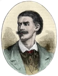 Portret Georga Augusta Schweinfurtha (1836-1925) niemieckiego odkrywcy, botanika i antropologa rycina z „Histoire malownicze des grands voyages au 19th century””. 1877