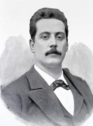 Portret Giacomo Pucciniego, włoskiego kompozytora (1858-1924), grawerowanie XIX wieku.