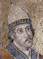 Portret Gregoire IX (1145-1241). Walczył z Fryderykiem II i organizował inkwizycję. Mozaika z XIII wieku ze starej absydy św. Piotra. Muzeum Rzymu