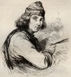 Portret Jacquesa van Maerlanta (Jacob van Maerlant) (1240-1300) flamandzki pisarz. Rycina z 1868 r. w „Histoire de Belgique od czasów pierwotnych do końca panowania Leopolda I”” autorstwa Theodore’a Juste (1818-1888). Prywatna kolekcja.