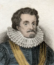 Portret Jakuba I (James 1st Stuart) (1566-1625), króla Anglii i Irlandii (lub Jakuba VI (lub Jakuba VI), króla Szkocji) Rycina z XIX wieku.