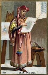 Portret Jana Van Eycka (1390 -1441) Flamandzki malarz - nakrycie głowy liripipion. Chromolitografia XIX wieku.