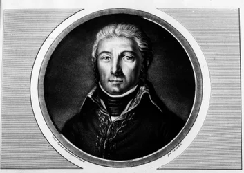 Portret Jean Victor (Jean-Victor) Moreau (1763-1813) generał Armee du Rhine. Grawer w „”Kompletny zbiór obrazów historycznych rewolucji francuskiej, w trzech tomach.””” 1804.
