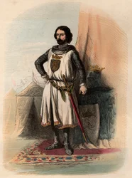 Portret Jana (Johanna) I Brabanckiego, zwanego Zwycięskim (1253-1294), był księciem Brabancji w latach 1267-1294 i księciem Limburgii w latach 1288-1294. Rycina z 1868 r. w „Histoire de Belgique od czasów pierwotnych do końca panowania Leopolda I”” autorst