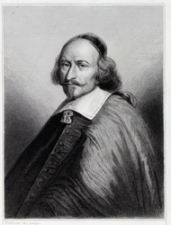 Portret Julesa Mazarina (Giulio Raimondo Mazzarino lub Mazarino) (1602-1661), francuskiego kardynała i polityka - w „Histoire des Français” Lavallée, rycina, sd.