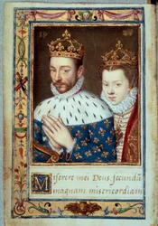 Portret króla Karola IX (1550-1574) i Elżbiety Austrii (1554-1592) Królowej Francji Rękopis strony „Księgi Godzin Katarzyny Medycejskiej” (Caterina de Medici) XVI-wieczny Paryż, B.N.