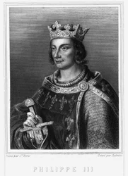 Portret króla Francji Filipa III, znanego jako Filip Hardi (1245-1285) (dynastia Kapetyńska). Filip III, król Francji. Filip III Śmiały (1245-1285) - w „Histoire des Français” Lavallée, rycina, sd.