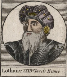 Portret Lotara (941-986), Król Franków - Lothair (941-986) Król Francji - grawer z „”Instruction sur l’Histoire de France”” Charlesa Constanta Le Tellier 1821