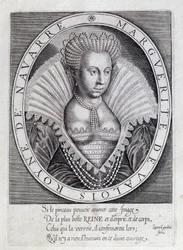 Portret Małgorzaty de Valois (1553-1615) znanej jako królowa Margot. Rycina z XVI wieku. Pau, Musee Du Chateau