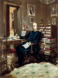 Portret księcia Otto von Bismarcka (1815-1898), kanclerza i polityka pruskiego w jego gabinecie. Litografia w kolorze