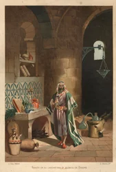 Portret Rhasesa (Rhazes, Razi, Al-Razi, Razis lub Rases) (840-923) perski naukowiec) w jego laboratorium w Bagdadzie. Barcelona 1881