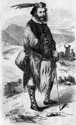 Portret Roualeyn George Gordon Cumming (1820-1866), szkockiego podróżnika i łowcy lwów. Grawerowanie autorstwa Lintona w „”The Illustrous World”” nr 56 z 8 maja 1858 r.