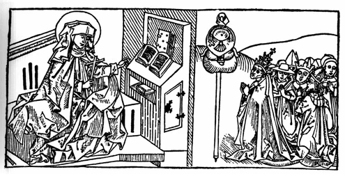 Portret św. Brygidy Szwedzkiej (1103 - 1373). Grawer z „Leben der Heiligen - sommerteil” (Księga świętego) Jakuba (Jakuba) z Voragine (1228-1298). Lubeka 1488.