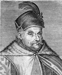 Portret Stefana I Batorego (1533-1586), księcia Siedmiogrodu i króla Polski. Grawerowanie z XVI wieku