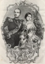 Portret Ich Królewskich Wysokości, księżniczki Wiktorii (1840-1901) (królowej Wiktorii) i księcia pruskiego Fryderyka Wilhelma (1831-1888). Grawerunek z 1858 roku.