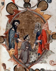 Portret włoskiego poety Dantego Alighieri z Wergiliuszem i Charonem w Boskiej Komedii - miniatura