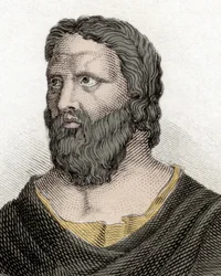 Portret greckiego filozofa Heraklita z Efezu (576-480 p.n.e.) (Heraklit z Efezu). Rycina z XIX wieku.