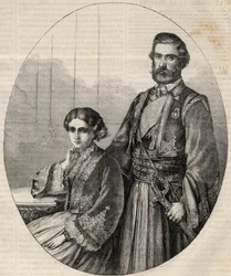 Portret księcia Serbii Michała III (1823-1868) i księżniczki Julii (1831-1919). Grawer w „”L