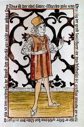 Portret weneckiego odkrywcy Marco Polo (1254-1324) Frontyspis pierwszego wydania „Il Milione: Księga cudów” („Waluta świata”) Norymberga