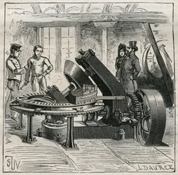Ceramika: Maszyna Fleury używana do mechanicznego formowania cegieł. Grawer z 1885 roku w „Les arts et metiers illustres” Adolphe BITARD.