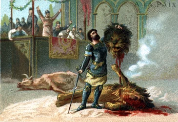 Pepin Krótki (715-768), król Franków, walczy z lwem i bykiem podczas uroczystości zorganizowanych dla uczczenia jego koronacji w 751 roku.