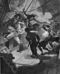Kaper Jean Bart (1650-1702) zbliża się do statku. Rycina XIX wieku. W „Histoire de France” Julesa Micheleta