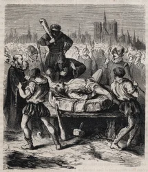 Ukaranie François Ravaillaca (1578-1610), zabójcy króla Henryka IV (1553-1610), na Place de Grève w Paryżu w 1610 roku - Rycina z 1879 roku w „Histoire des sociétés secrètes, politiques et religieuses” Pierre