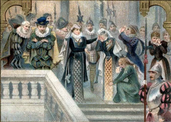 Królowa Szkocji Marie Stuart (1542-1587) pożegnała się po raz ostatni z damami dworu. Późna chromolitografia XIX wieku.