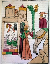Raimondin szpieguje swoją żonę Melusine w wannie. Ręcznie iluminowany drzeworyt w „Histoire de Melusine” (folio 142) autorstwa Jeana d